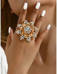 Gold Tone Embellished Flower Statement Ring