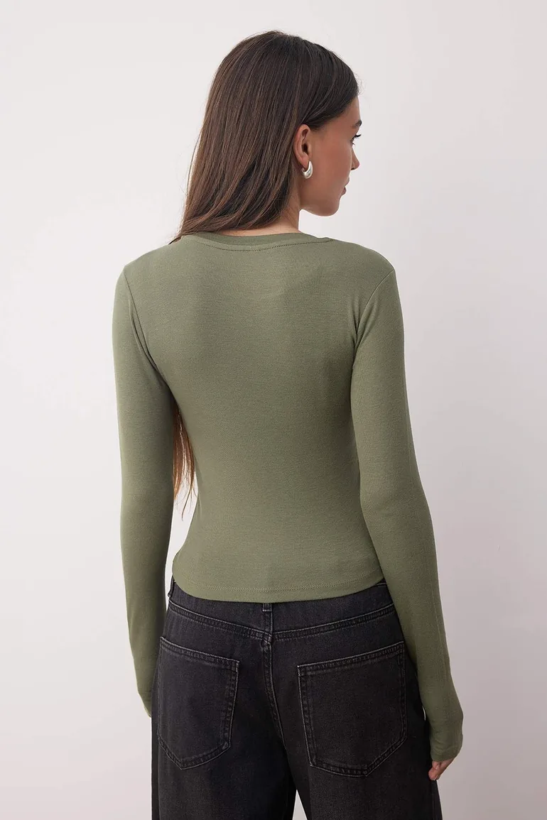 Khaki-Ecru Double Pack Crop/Short Fitted/Body-Smoothing Knitted Blouse - 3