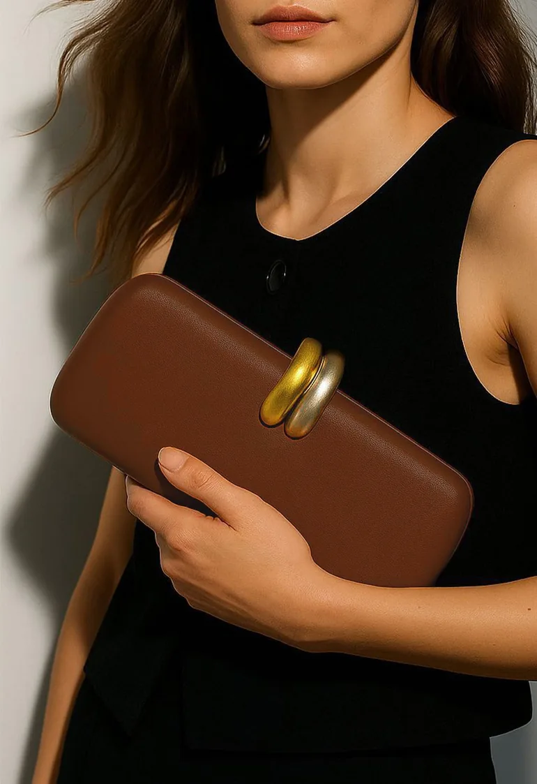 Dual Tone Metal Clasp Faux Leather Clutch in Brown for Cocktail Parties & Formal Evenings