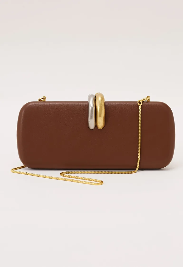 Dual Tone Metal Clasp Faux Leather Clutch in Brown for Cocktail Parties & Formal Evenings - 1