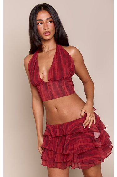 Petite Red Printed Ruffle Low Rise Mini Skirt Co-ord product thumbnail 4