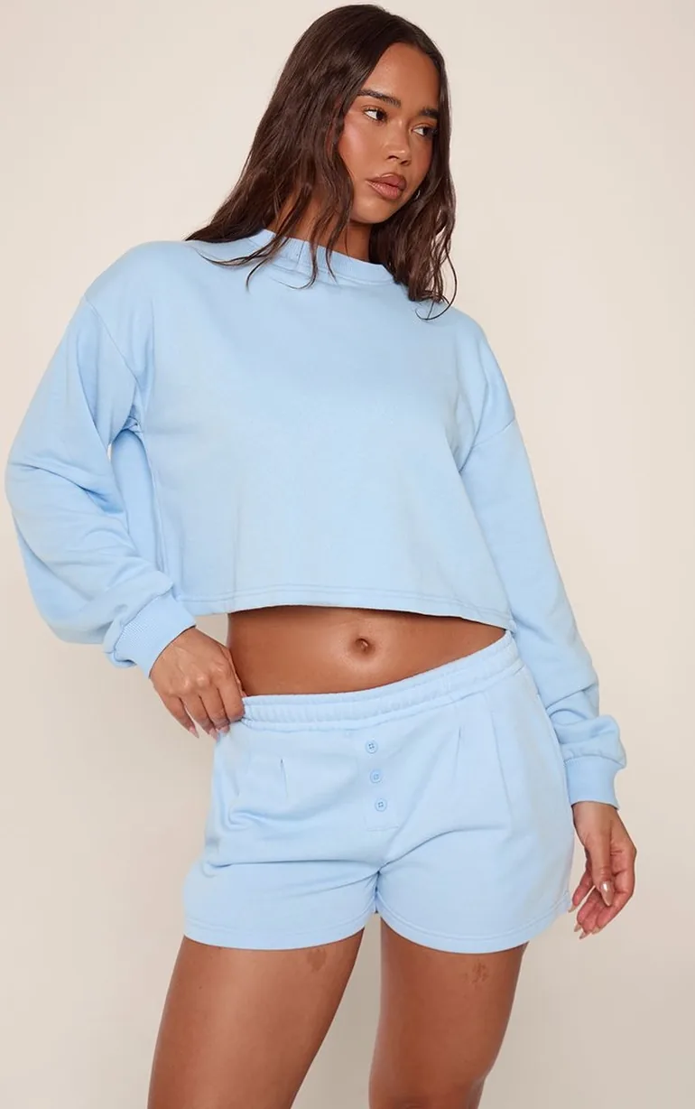 Light Blue Pleat Detail Button Up Sweat Shorts - 3