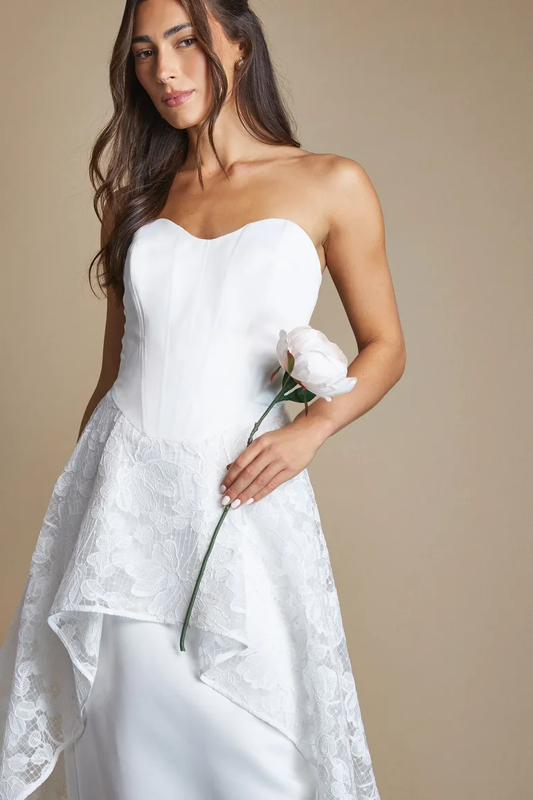 Floral Overlay High Low Wedding Dress With Train - 1