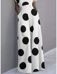 Short Sleeves Wide Leg Polka-Dot V-Neck Jumpsuits - 2