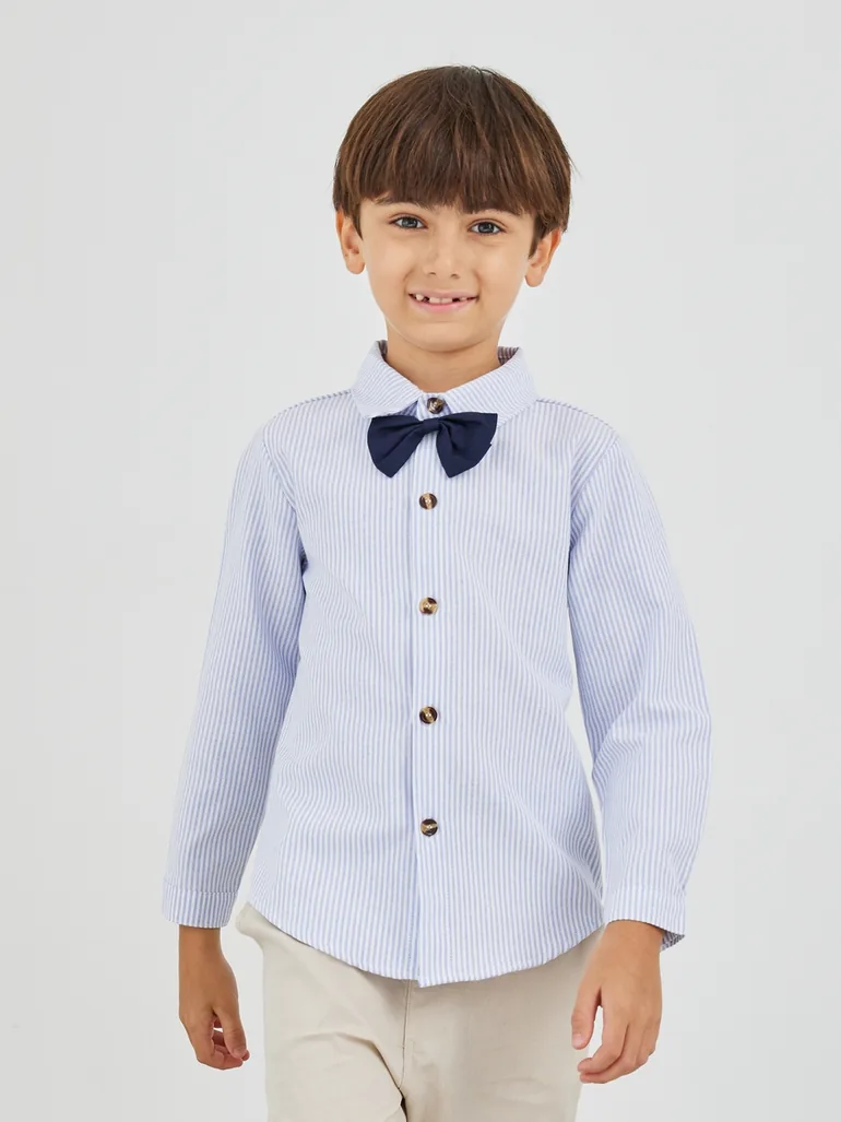 Boys Striped Long Sleeve Shirt and Pants Set with Bow and Suspender - 1