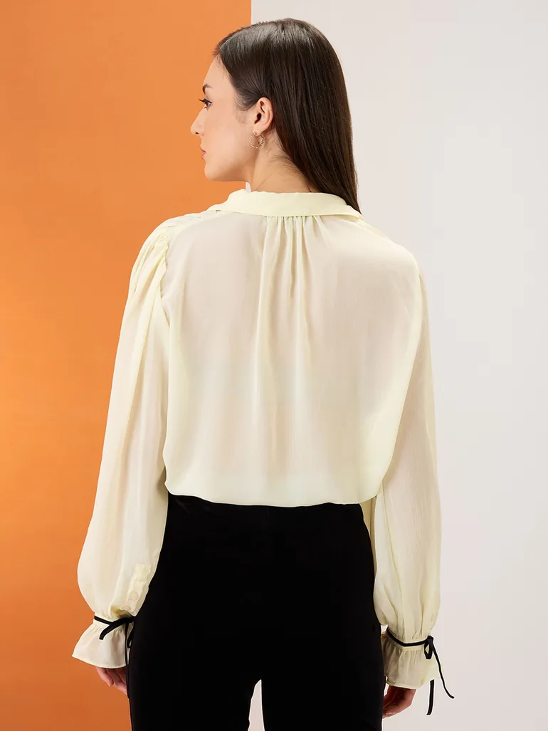 Yellow Collared Neck Tie Chiffon Shirt - 2