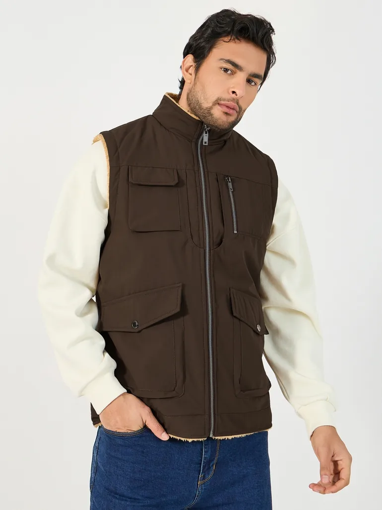 Warm Fleece Lined Gilet Jacket with Zip Detail - 1