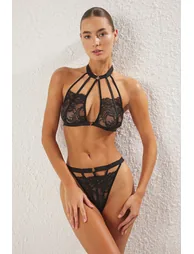 Black Lace Openwork/Holeless Coverless Knitted Underwear Set - 1