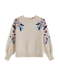 Floral Embroidery Crew Neck Knit Sweater in Oatmeal for Daily Outfit & Weekend Stroll - 1