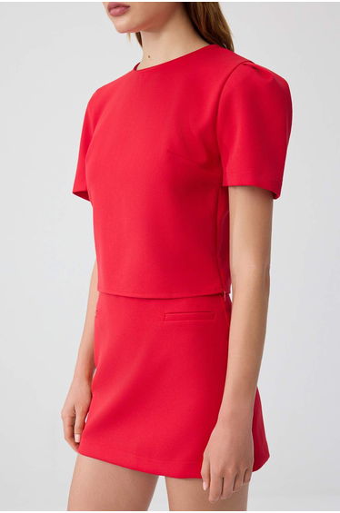 Red Balloon Sleeve Blouse Mini Skirt Woven Bottom - Top Set product thumbnail 3