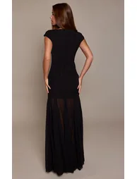Black Woven Cap Sleeve Chiffon Godet Detail Maxi Dress - 1