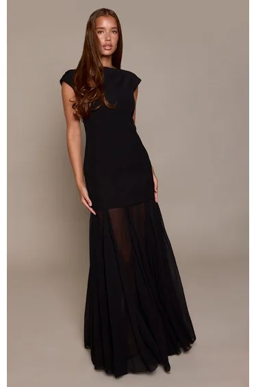 Black Woven Cap Sleeve Chiffon Godet Detail Maxi Dress