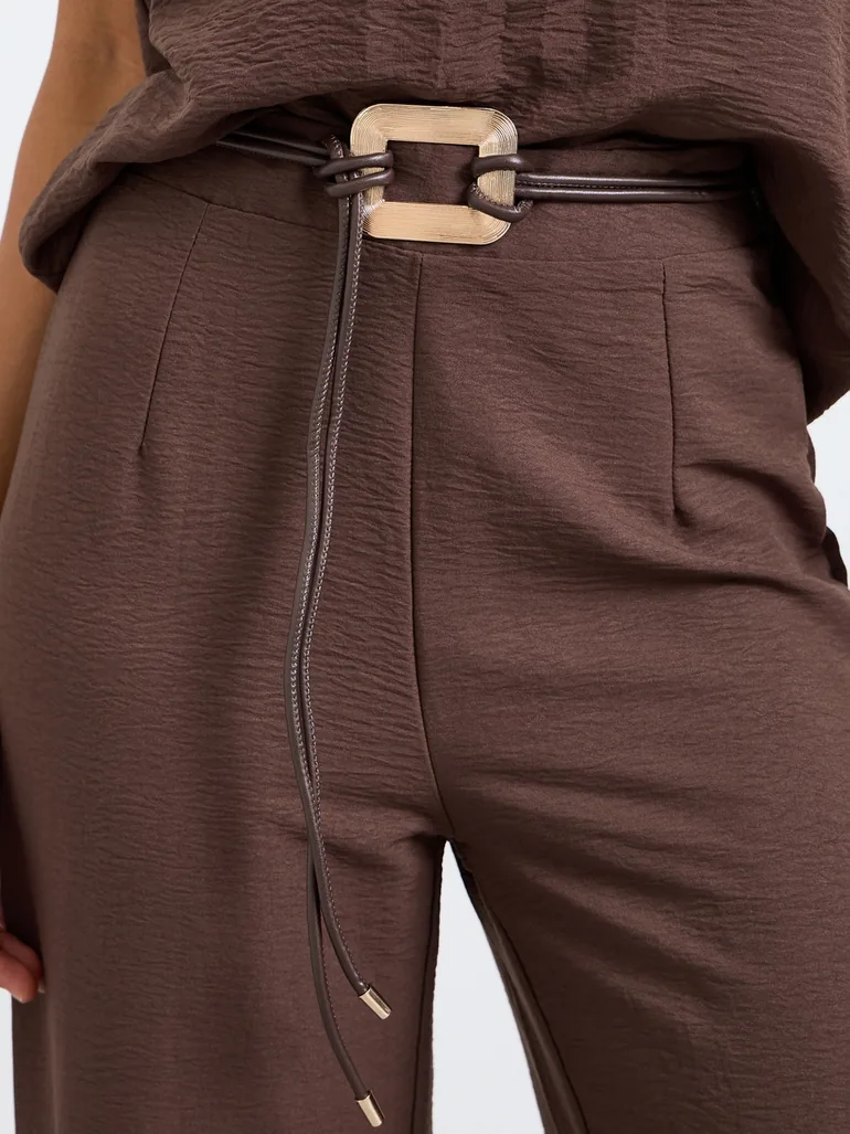 Brown Open Collar Top and Pants Co-Ords Set - 4