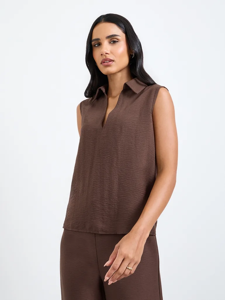 Brown Open Collar Top and Pants Co-Ords Set - 2