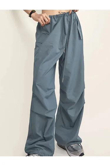 Grey Drawstring Waist Ruched Straight Leg Pants