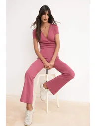 Gül Kurusu Fitted Spanish-Cut Cotton Ribbed Knitted Top and Bottom Set - 1