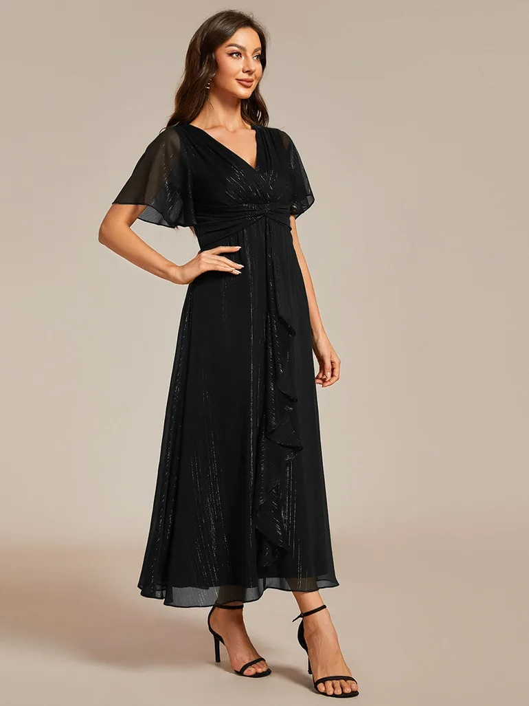 ever OPAHL|Silver Metallic Fabric V-Neck A-Line Wedding Guest Dress Featuring Delicate Ruffled Hem - 3