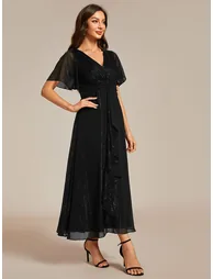 ever OPAHL|Silver Metallic Fabric V-Neck A-Line Wedding Guest Dress Featuring Delicate Ruffled Hem - 3