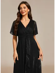 ever OPAHL|Silver Metallic Fabric V-Neck A-Line Wedding Guest Dress Featuring Delicate Ruffled Hem - 1