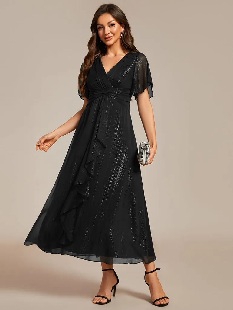 ever OPAHL|Silver Metallic Fabric V-Neck A-Line Wedding Guest Dress Featuring Delicate Ruffled Hem - 4