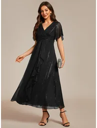 ever OPAHL|Silver Metallic Fabric V-Neck A-Line Wedding Guest Dress Featuring Delicate Ruffled Hem - 4