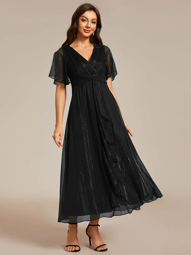 ever OPAHL|Silver Metallic Fabric V-Neck A-Line Wedding Guest Dress Featuring Delicate Ruffled Hem