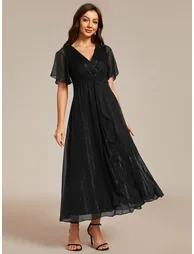 ever OPAHL|Silver Metallic Fabric V-Neck A-Line Wedding Guest Dress Featuring Delicate Ruffled Hem