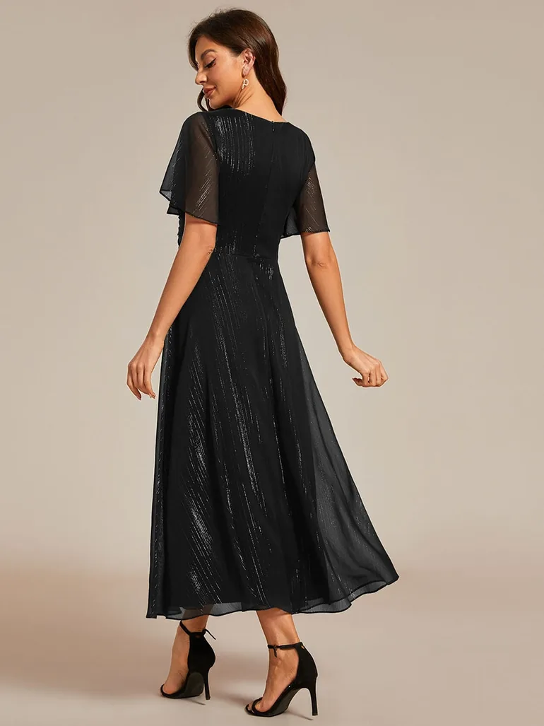 ever OPAHL|Silver Metallic Fabric V-Neck A-Line Wedding Guest Dress Featuring Delicate Ruffled Hem - 2