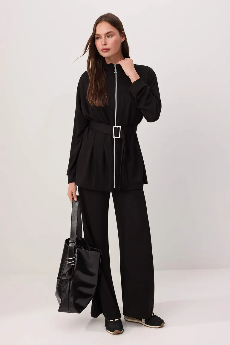 Black Soft Drapey Fabric Knitted Bottom - Top Set