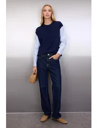 Navy Blue Wide Pattern Knitwear Sweater with Shirt Fabric on the Back - 1