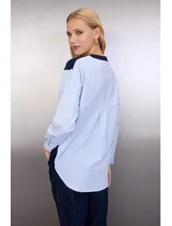 Navy Blue Wide Pattern Knitwear Sweater with Shirt Fabric on the Back - 3