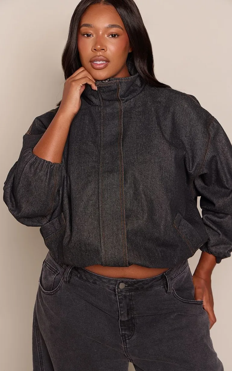 Plus Indigo Funnel Neck Concealed Placket Denim Jacket - 1