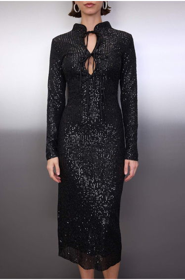 Black plain chest tie detailed sequin midi lined elegant/evening dress product thumbnail 2