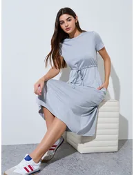 Grey Solid Drawstring Waist A-Line Midi Dress - 1