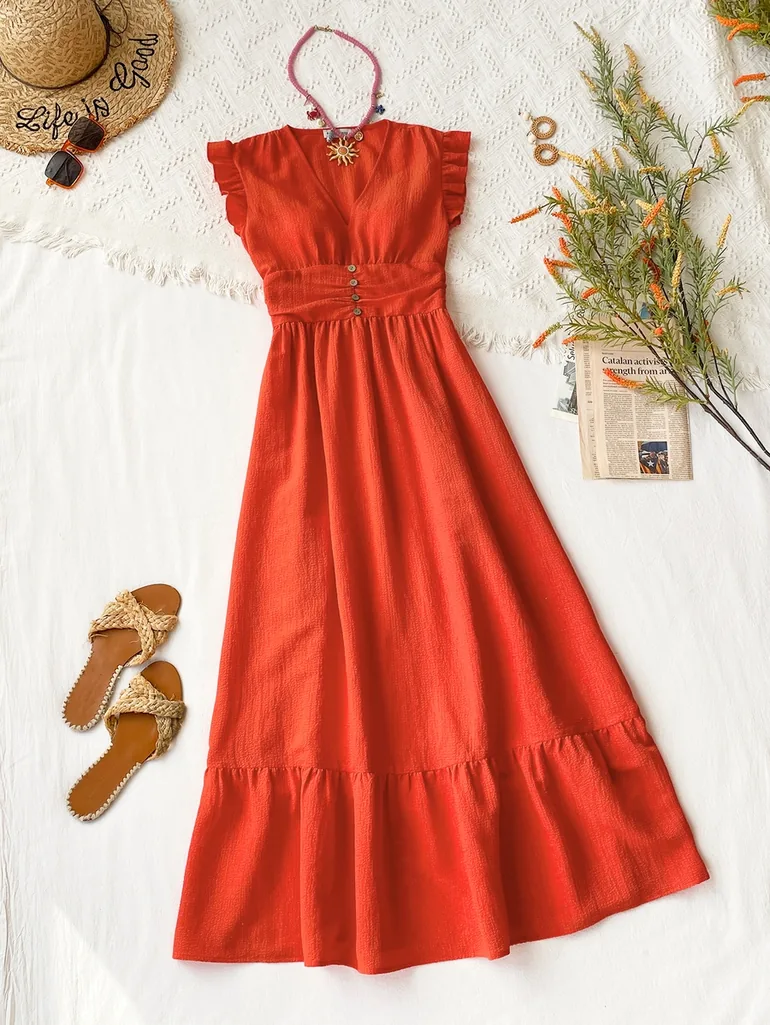 Solid V Neck Sleeveless Maxi Dress - 3