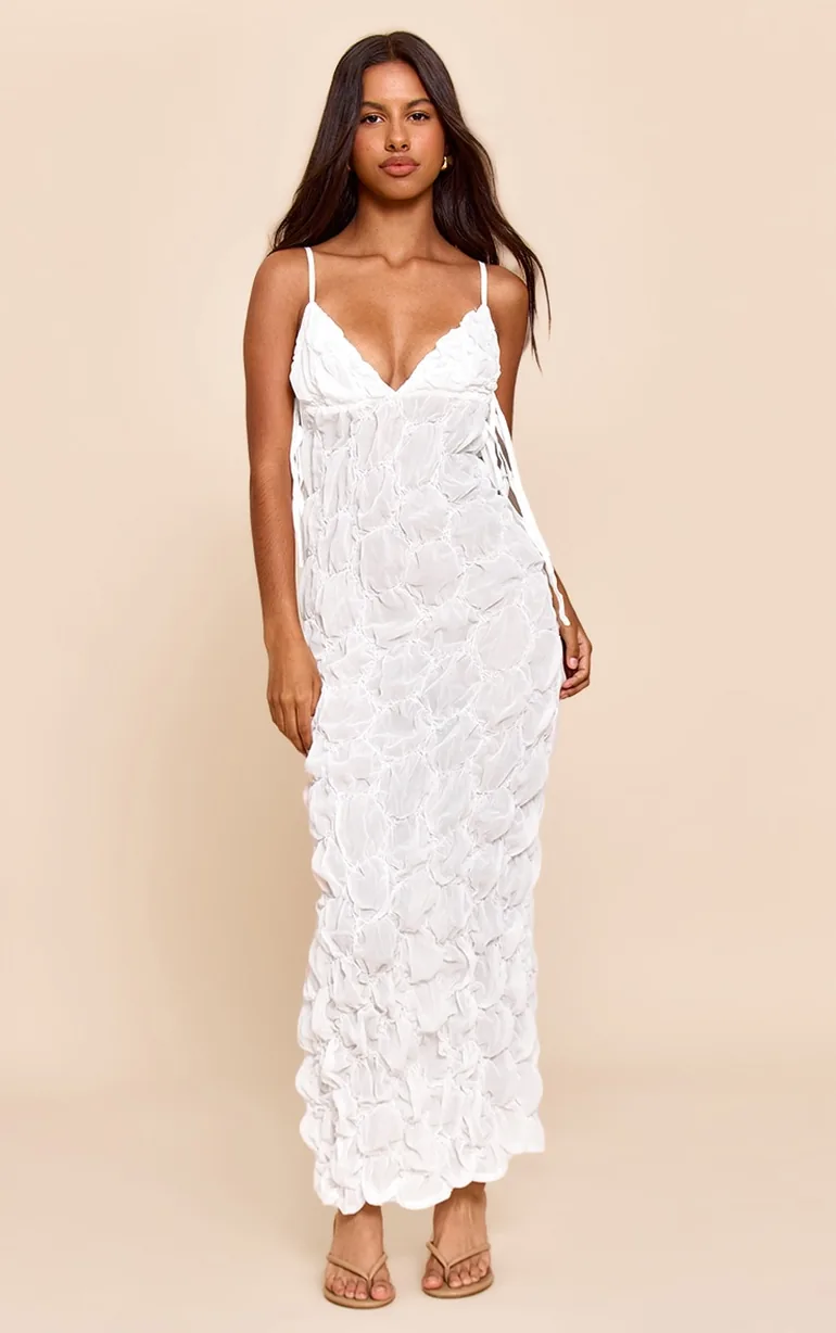 Petite White Strappy Tie Side Shirred Textured Maxi Dress