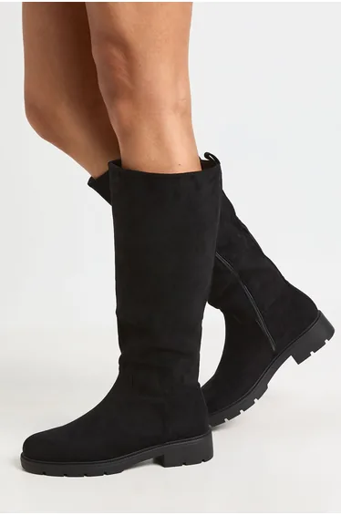 Chunky Knee High Flat Boots - black
