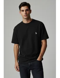 Black Regular Cut Embroidered Detailed 100% Cotton T-Shirt - 1