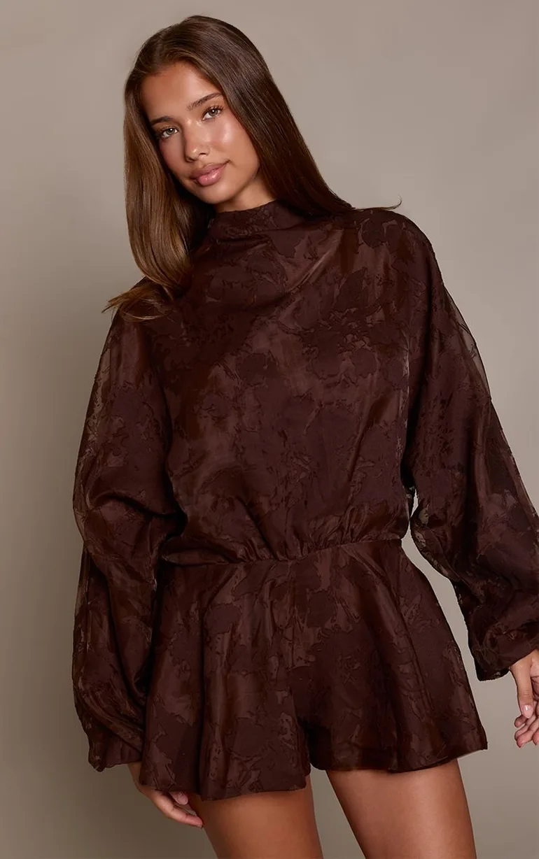 Jacquard Woven Chocolate High neck Long Sleeved Floaty Playsuit - 2