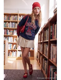 Navy Blue Color Block College Printed Oversize/Wide Cut Appliqué Knitted Sweatshirt