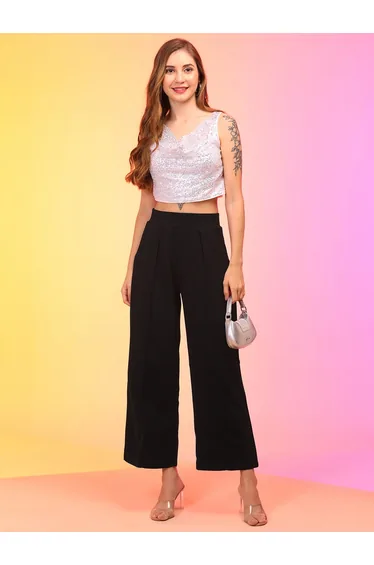 Women Black Pleated Wide Leg Trousers