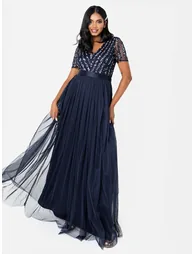 Maya Navy Stripe Embellished Maxi Dress With Sash Belt - 1