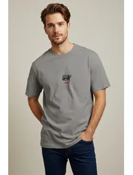 Grey Oversize/Wide Cut Far East and Bear Embroidery 100% T-Shirt - 2