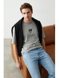 Grey Oversize/Wide Cut Far East and Bear Embroidery 100% T-Shirt - 1