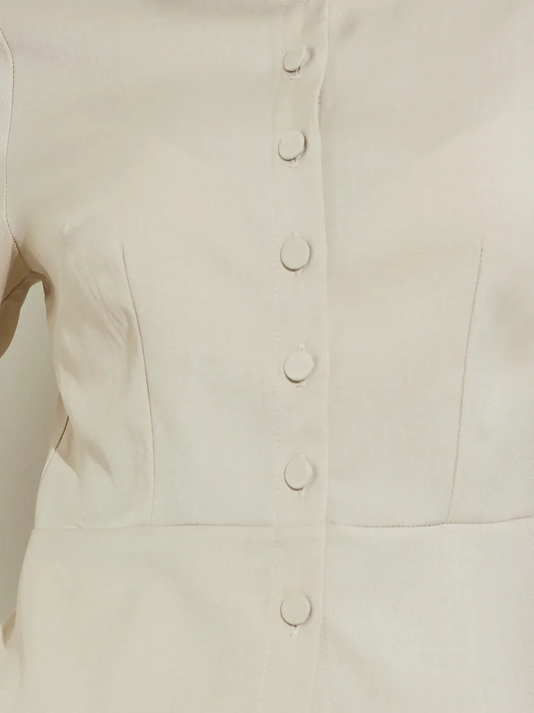 Beige Short Sleeve Collared Peplum Shirt - 3