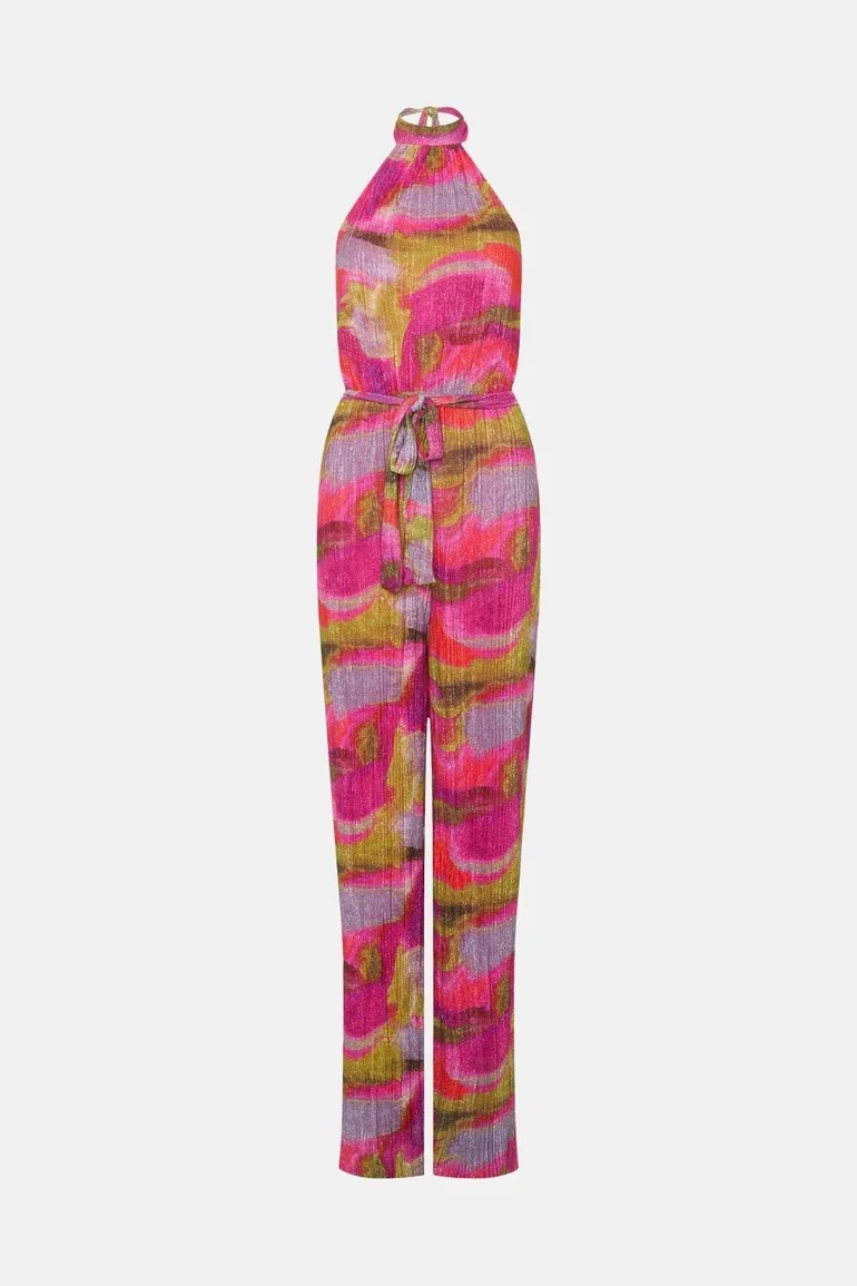 Abstract Metallic Plisse Halter Jumpsuit - 3