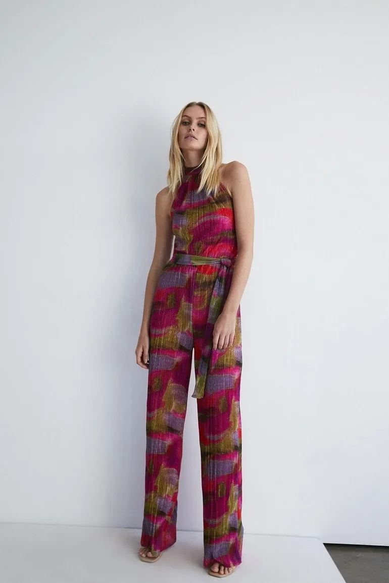 Abstract Metallic Plisse Halter Jumpsuit