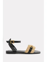 CATELYN WIDE FIT PU STRAW DETAIL STRAP SANDALS  WITH BUCKLE CLOSURE IN BLACK FAUX LEATHER - 2