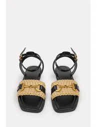 CATELYN WIDE FIT PU STRAW DETAIL STRAP SANDALS  WITH BUCKLE CLOSURE IN BLACK FAUX LEATHER - 3