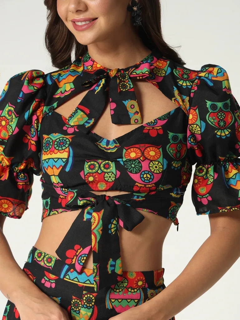 Black Owl Print Crop Top and Wide Leg Pants Co-ords - 5